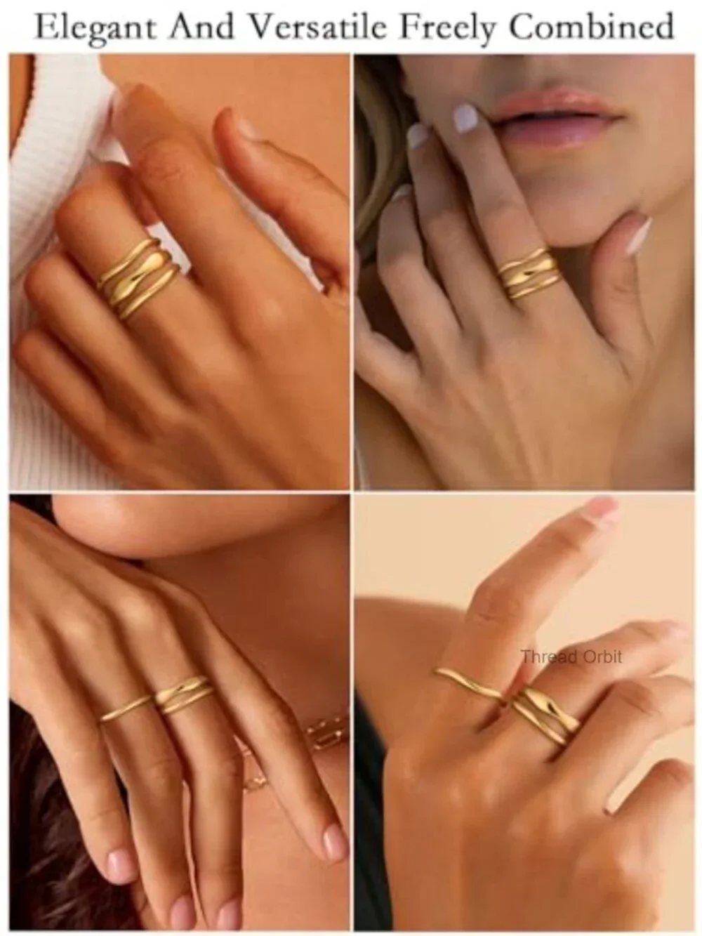 14K Gold Plated Stacking Ring Set Wavy Band Rings for Women Size 6-10